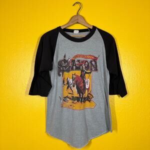 Vtg Saxon Raglan World Tour Tee 84 Sz M Metal  Rock T Metalcore Doublesided